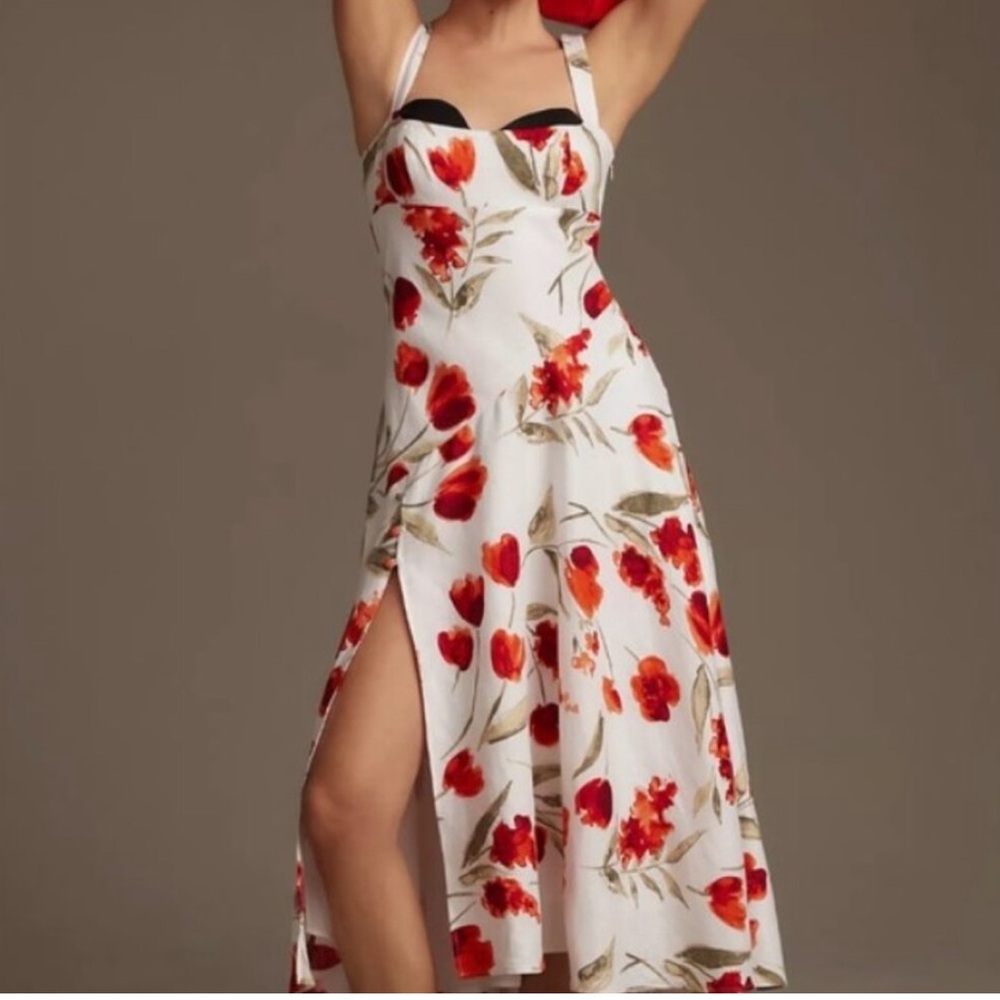 Reformation Bekki Linen White Floral Dress size 0 Sundress slit
